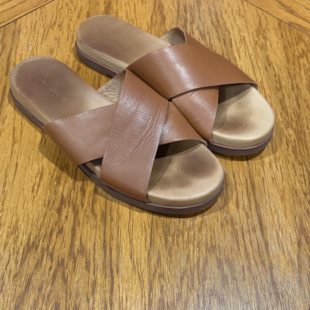 *MADEWELL* Tan The Louisa Leather Cross-Band Slide Sandals Size 9.5